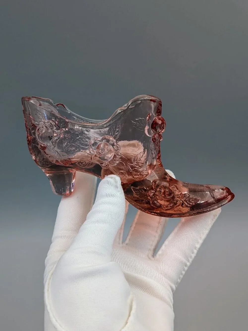 Vintage Fenton Pink Glass Cabbage Rose Slipper Shoe | Pressed Glass High Heel